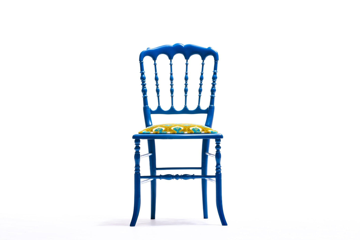Blue Lacquered Chiavari Side Chair with Peacock Feathers in Cut Velvet