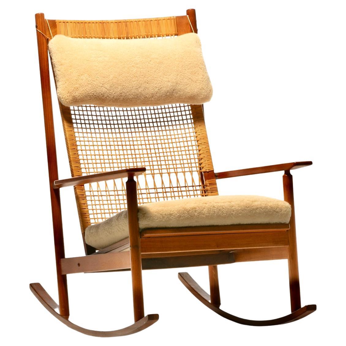 1960s Danish Modern Teak Rocking Chair by Hans Olsen in Plush Cream Shearling