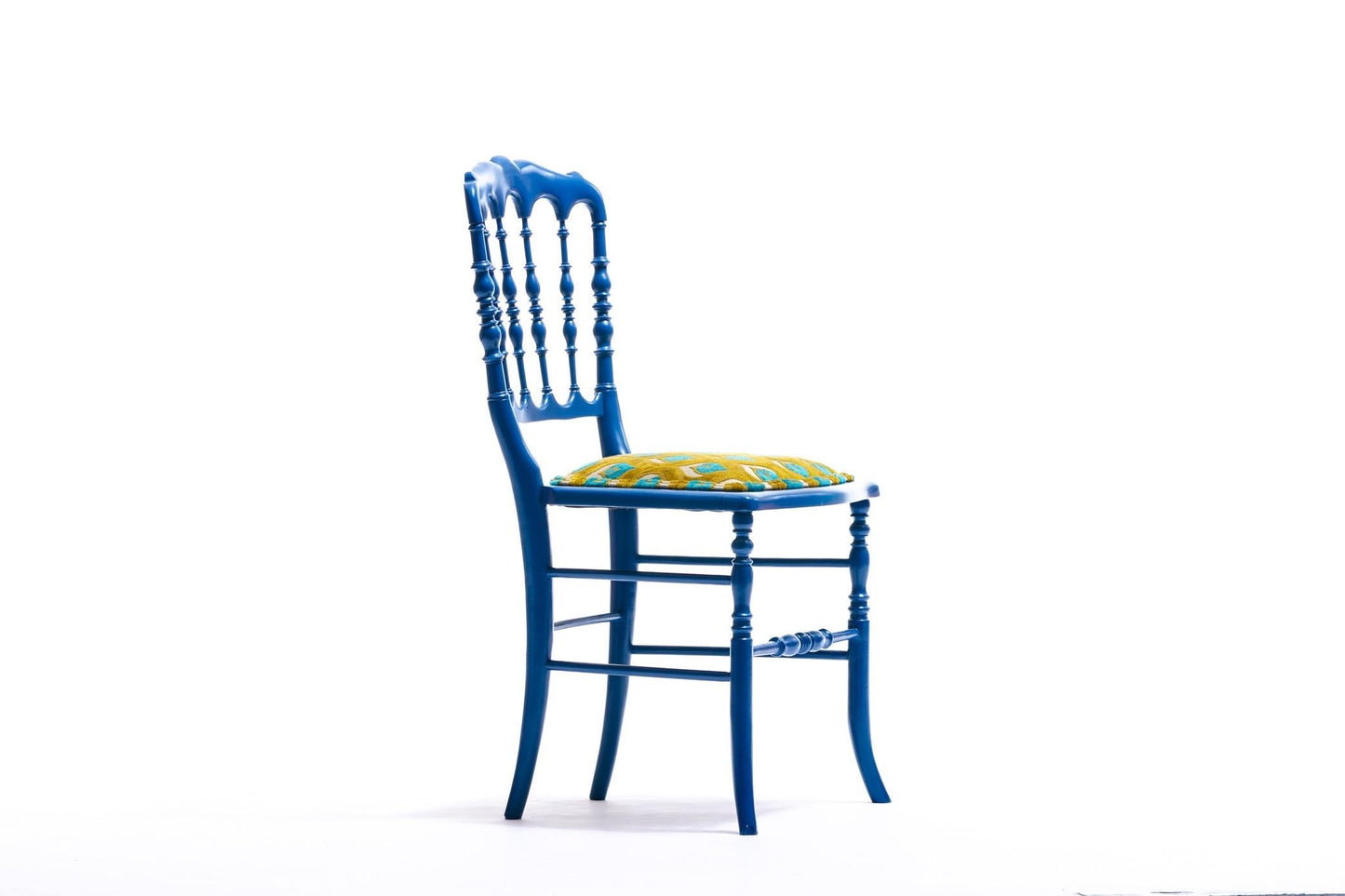 Blue Lacquered Chiavari Side Chair with Peacock Feathers in Cut Velvet