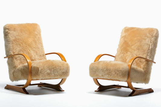 Art Deco Bentwood Lounge Chairs in New Golden Palomino Sheepskin Hides c. 1930