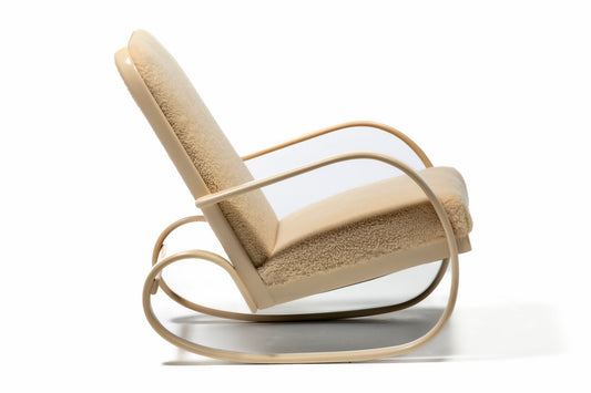 Art Deco Streamline Rocking Chair in Oatmeal Shearling & Bleached Bentwood Arms