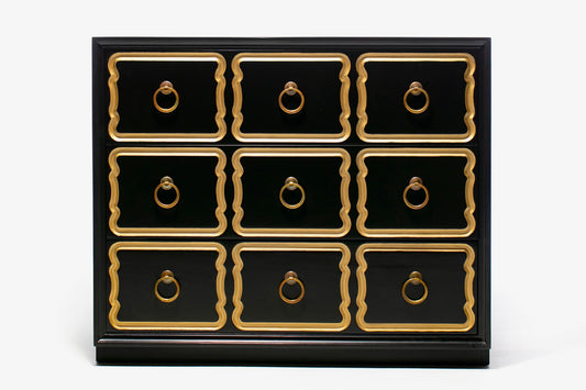 Authentic Dorothy Draper España Chest Lacquered in Black Bean & Gold circa 1955