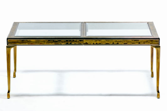 Bernhard Rohne Acid Etched Expandable Dining Table with Cabriolet Brass Legs