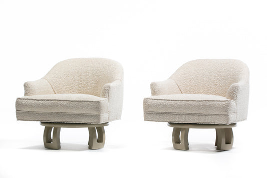 Billy Haines Hollywood Regency Mahogany Swivel Lounge Chairs in Cream Bouclé