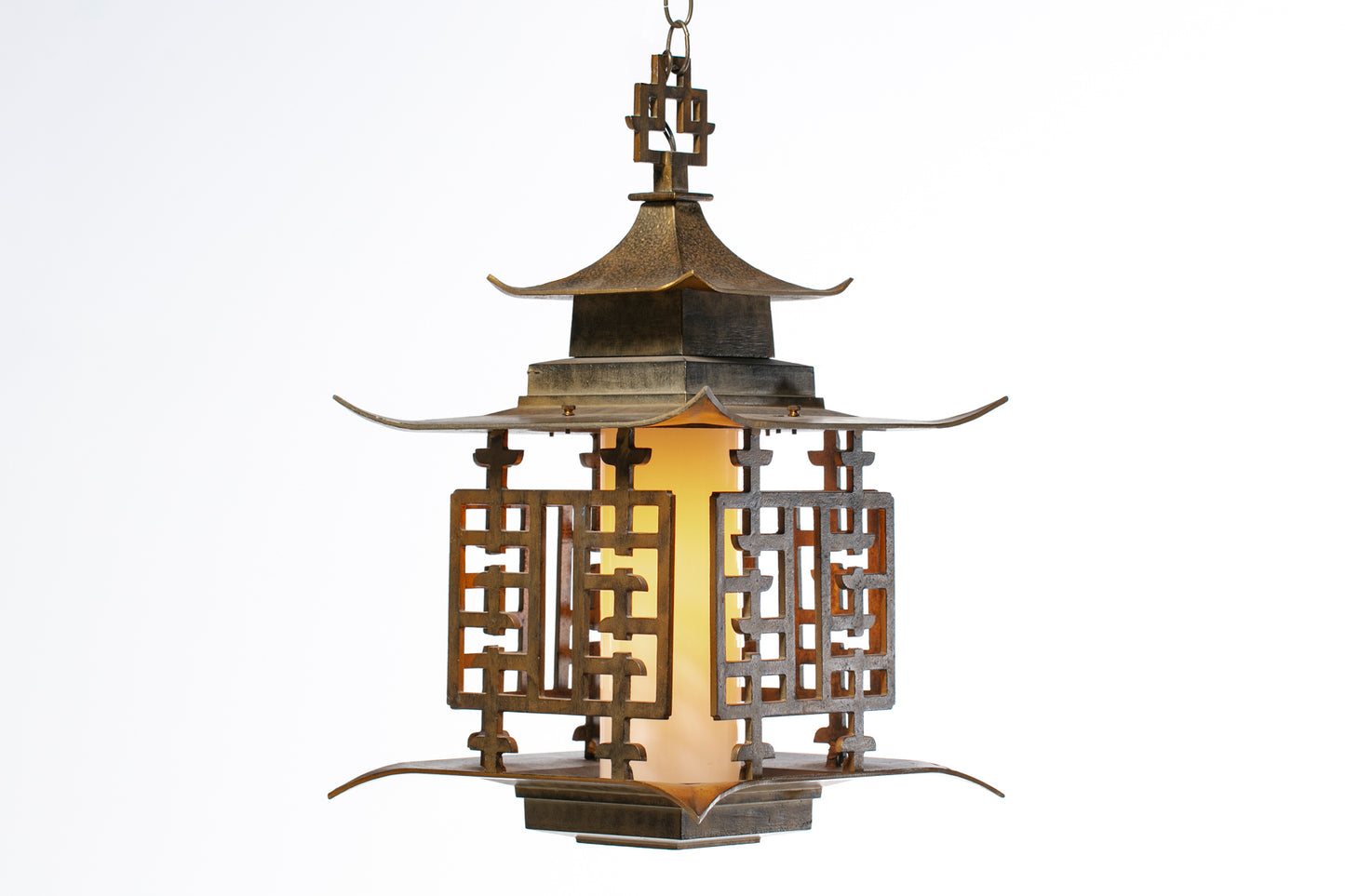 Large Chinoiserie Pagoda Mid Century Brass Lantern Light Fixture c. 1950