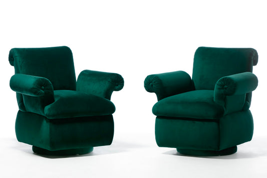 Dorothy Draper Style Hollywood Regency Swivel Arm Chairs in Emerald Velvet