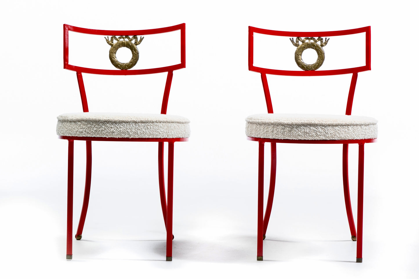 French Red Enameled Iron and Brass Side Chairs with Stylized Wreath Detail 1940s