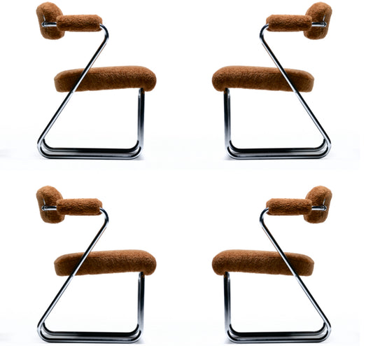Gilbert Rohde Set of 4 Chrome Art Deco Dining Chairs in Soft New Chestnut Fabric