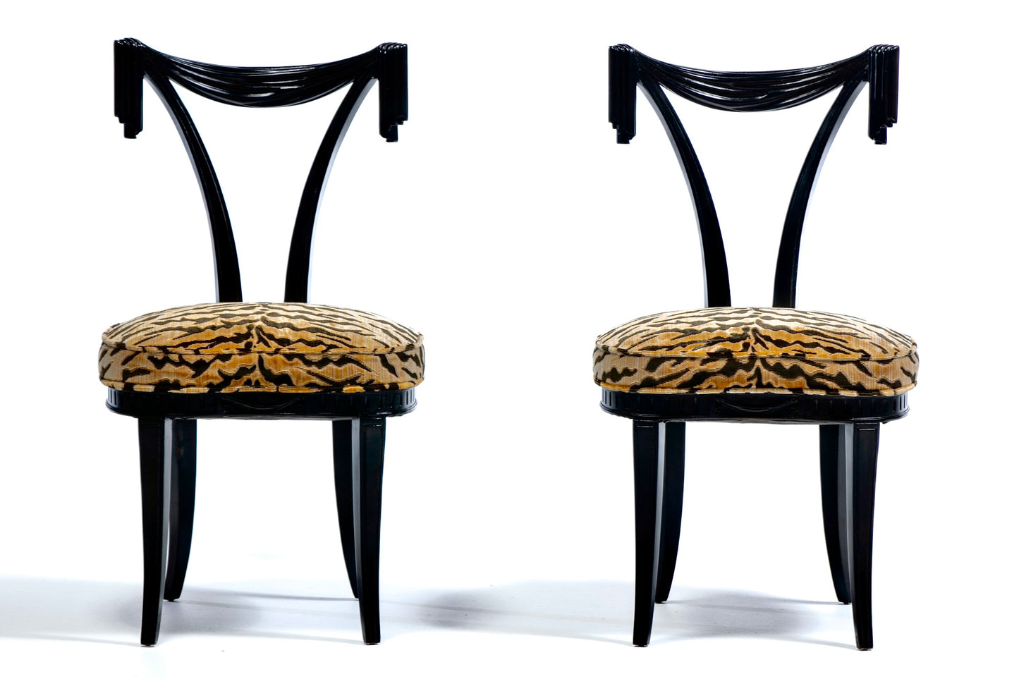 Grosfeld House Drapery Swag Back Side Chairs with Tiger Velvet Seats c. 1970s