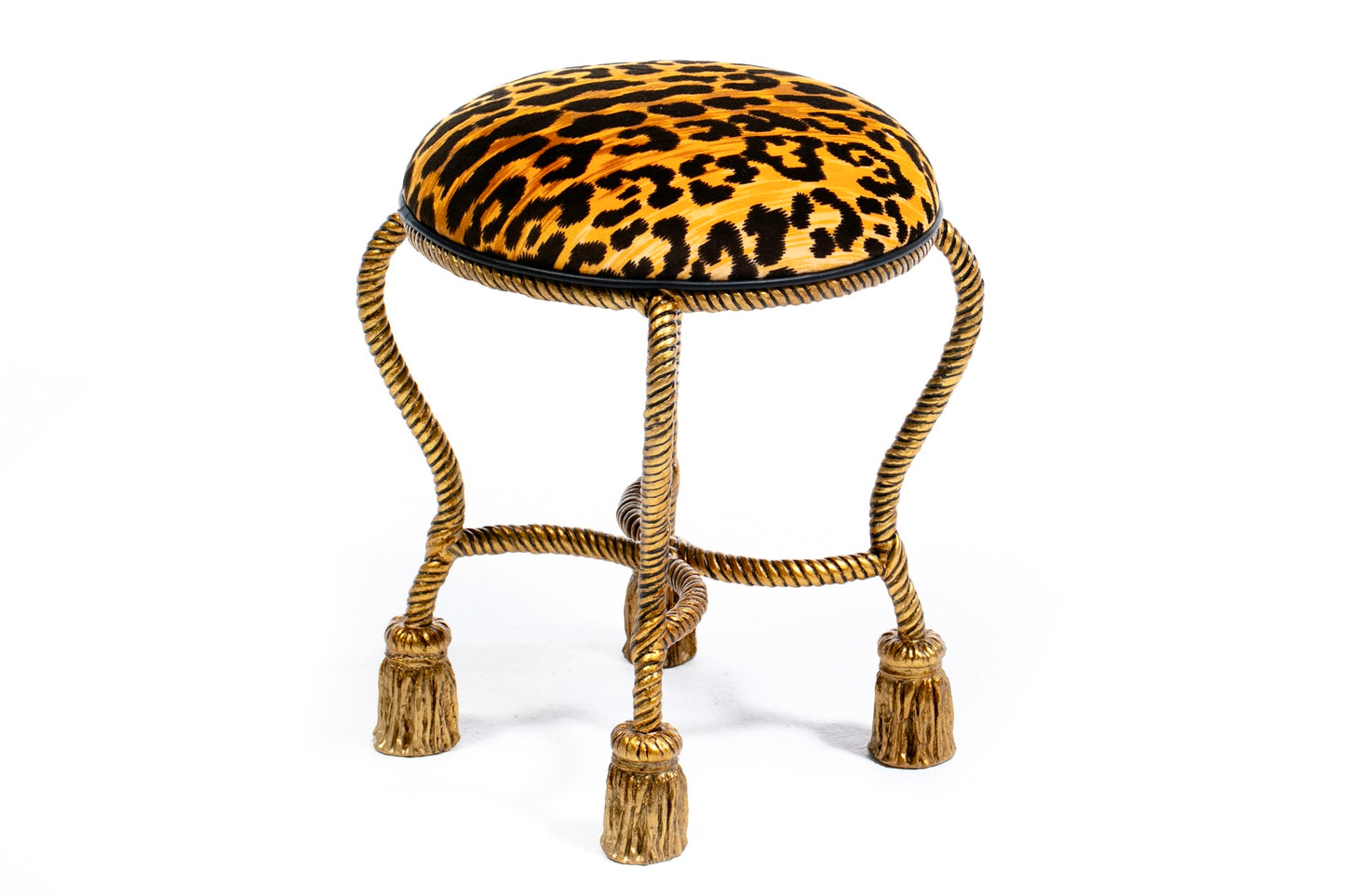 Hollywood Regency Gilt Iron Rope & Tassel Vanity Stool in Chic Leopard Velvet