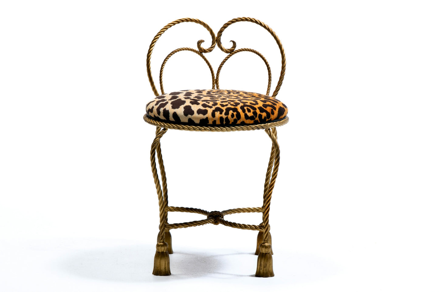 Hollywood Regency Gilt Rope & Tassel Vanity Stool in Leopard Velvet