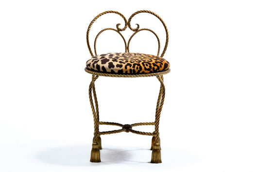 Hollywood Regency Gilt Rope & Tassel Vanity Stool in Leopard Velvet
