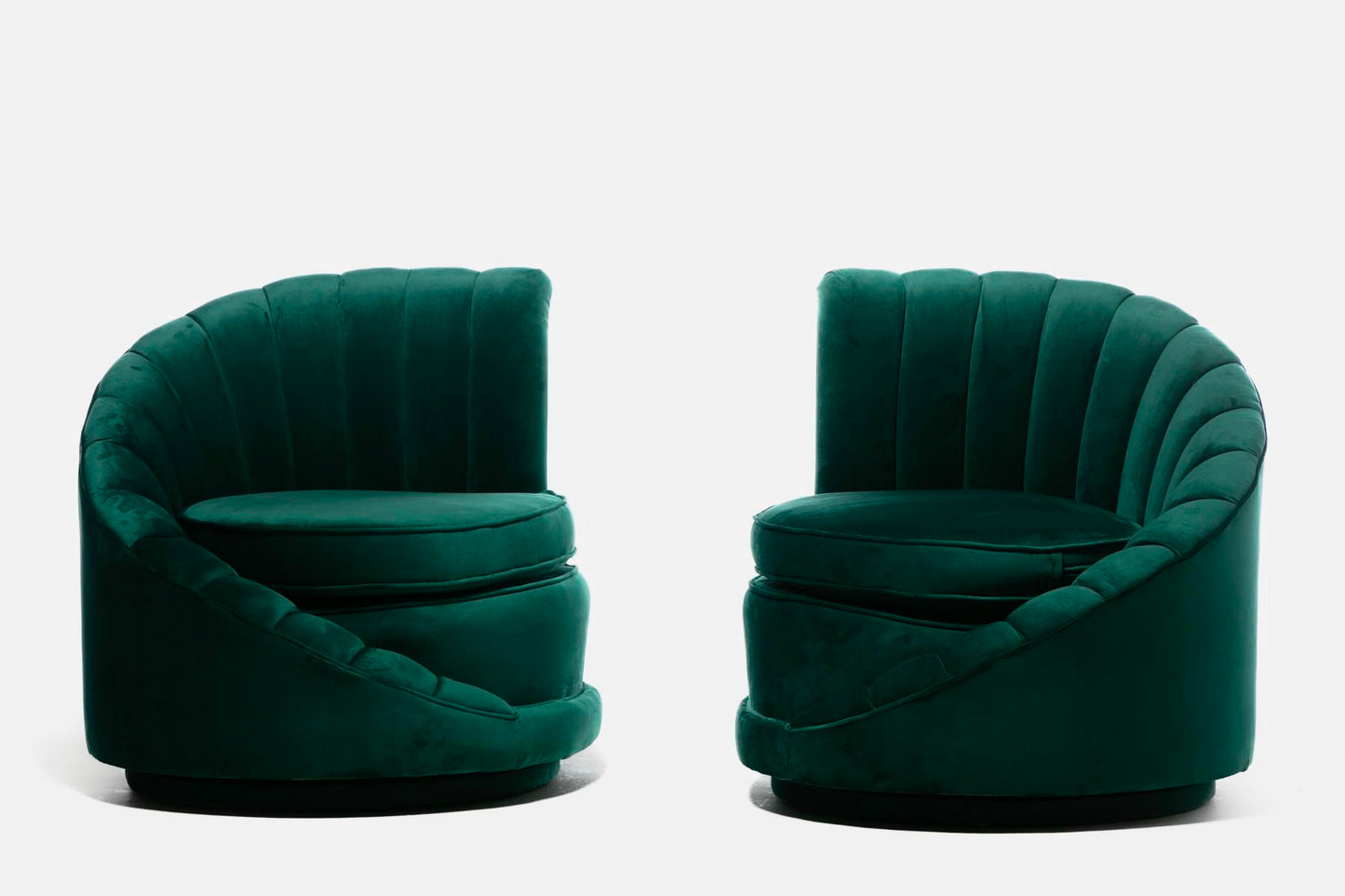 Hollywood Regency Glamorous Asymmetrical Swivel Chairs in Emerald Green Velvet