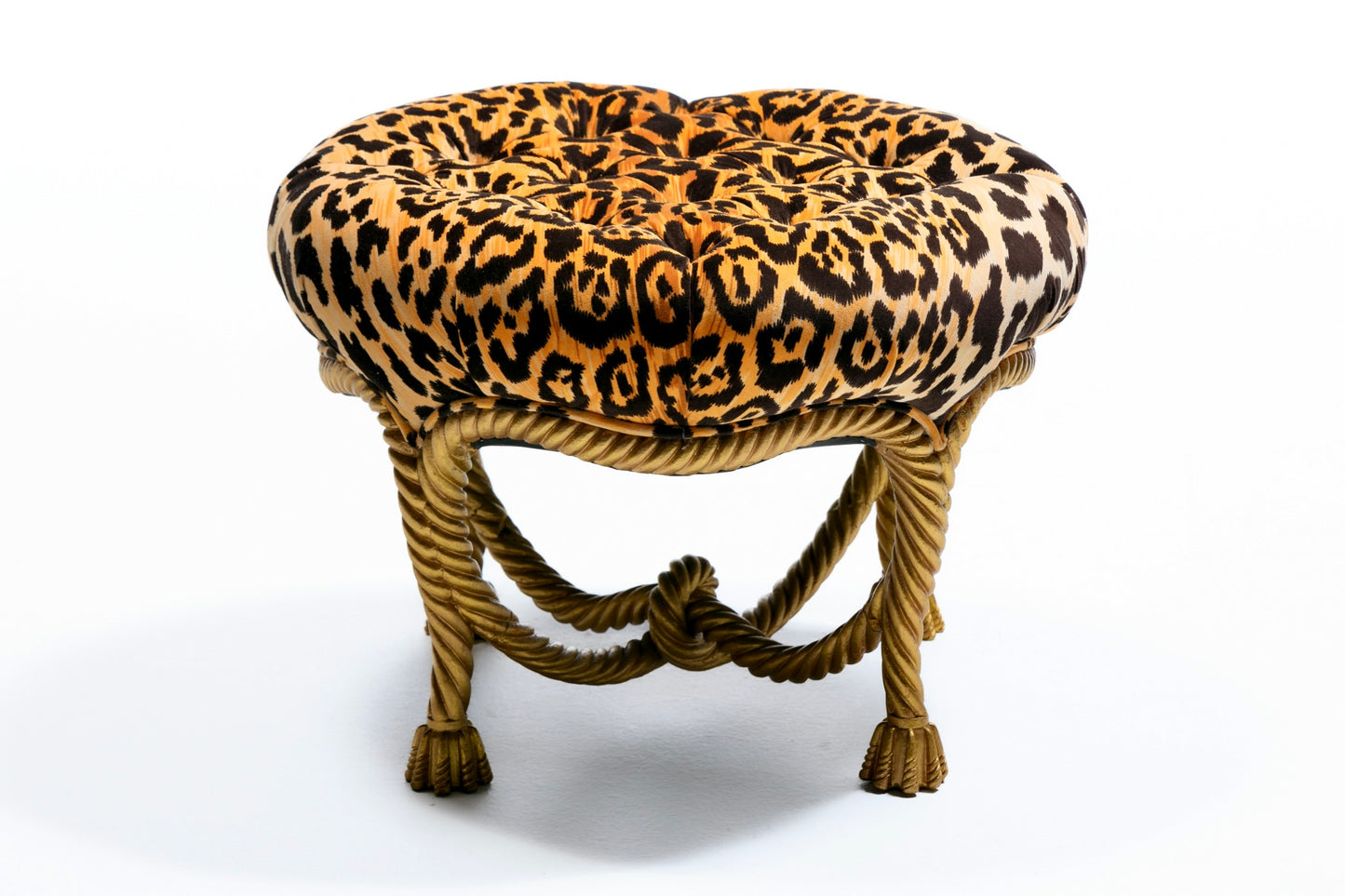 Hollywood Regency Italian Gilt Rope & Tassel Ottoman Stool in Leopard Velvet
