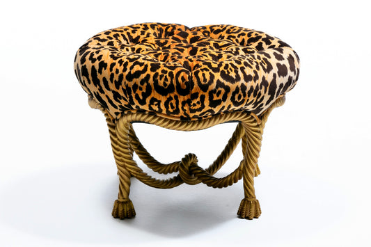 Hollywood Regency Italian Gilt Rope & Tassel Ottoman Stool in Leopard Velvet