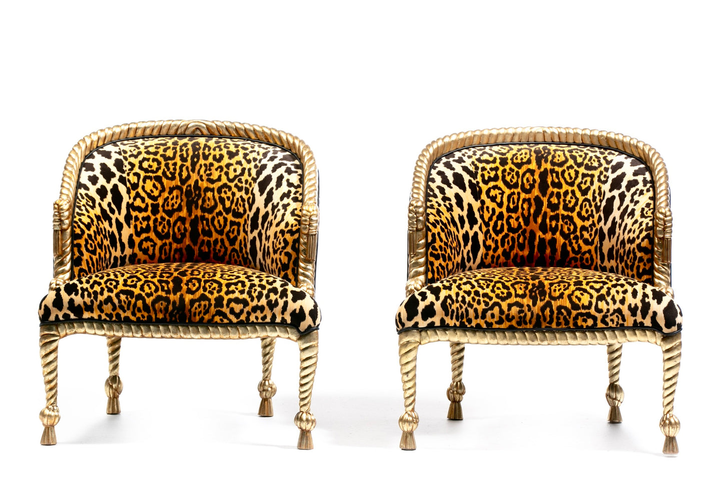 Hollywood Regency Napoleon III Style Gilt Rope & Tassel Chairs in Leopard Velvet