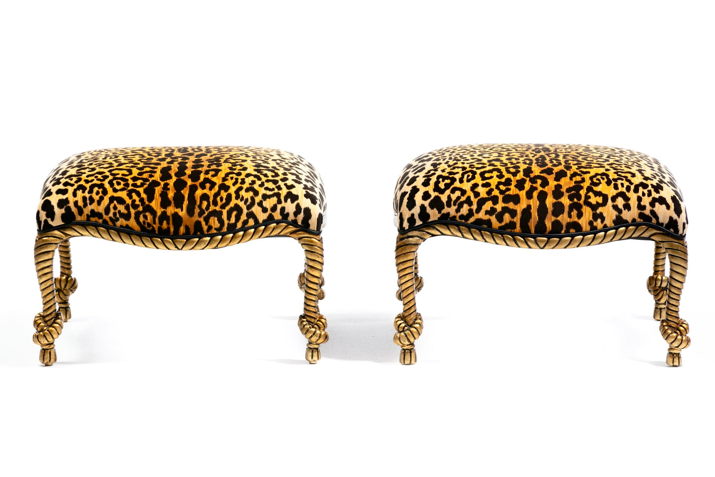 Hollywood Regency Napoleon III Style Gilt Rope & Tassel Ottomans in Leopard