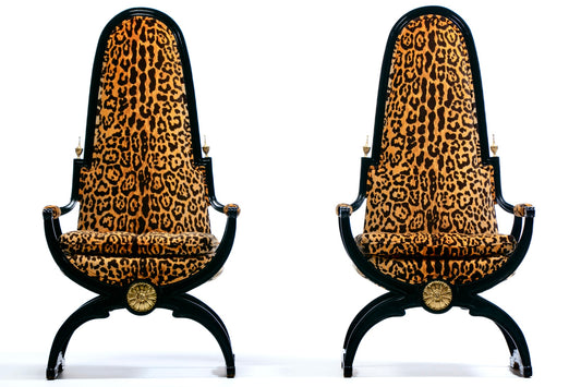 Hollywood Regency Tall Back Throne Chairs in Leopard Velvet & Ebony Gilt Frames