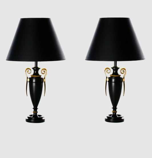 James Mont Style Neoclassical Black Urn Lamps with Brass Handles by Stiffel 1960