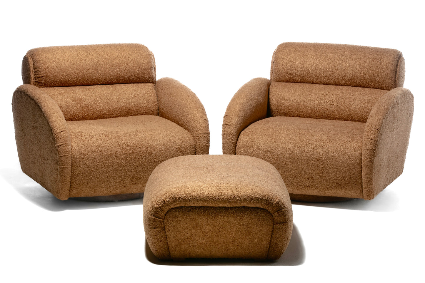 Large Scale Directional Post Modern Swivel Chairs & Ottoman in Mocha Fabric