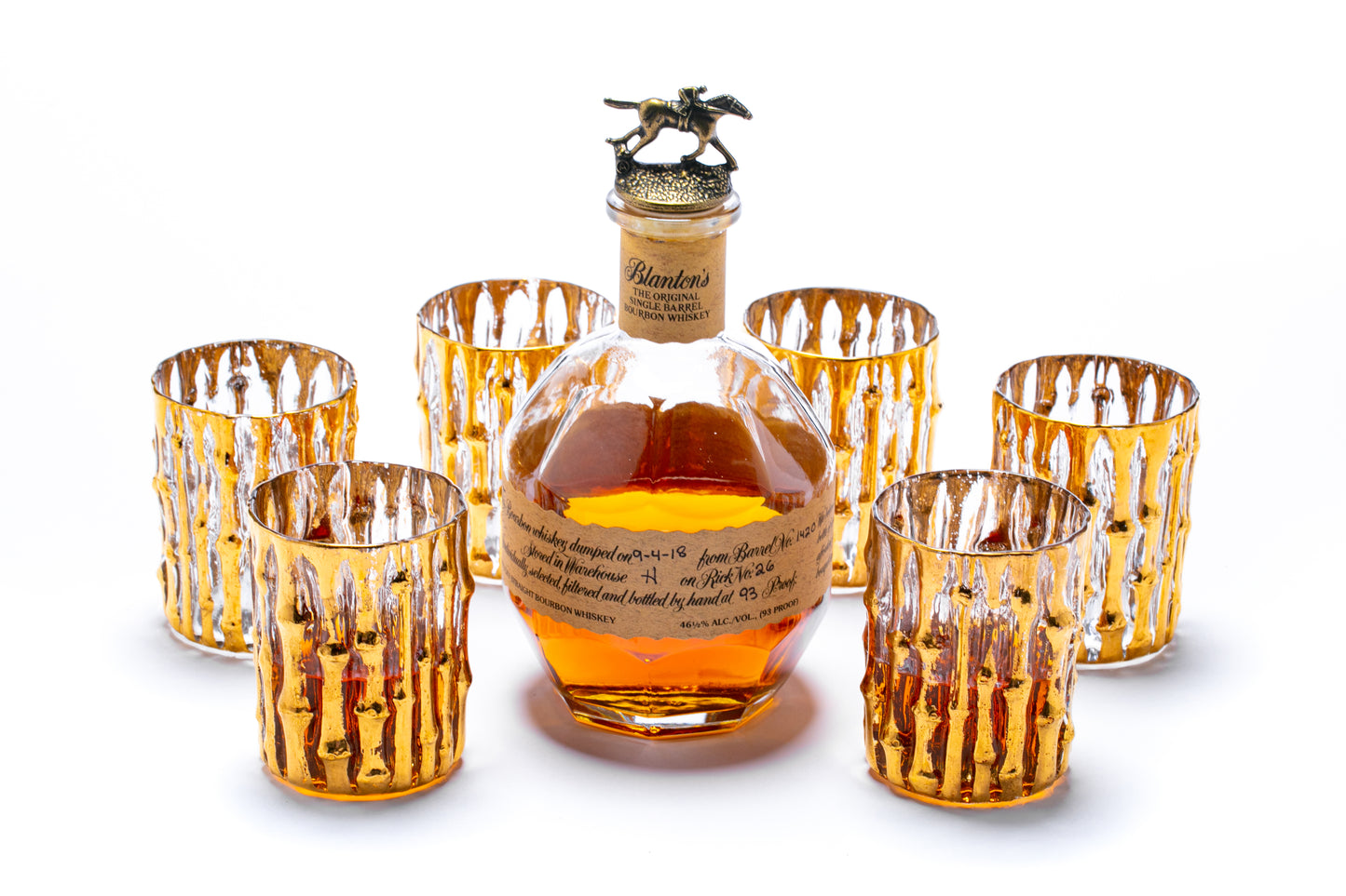 Mid Century 22-Karat Hand Painted Bamboo Whiskey Glasses Set of 6 circa 1965