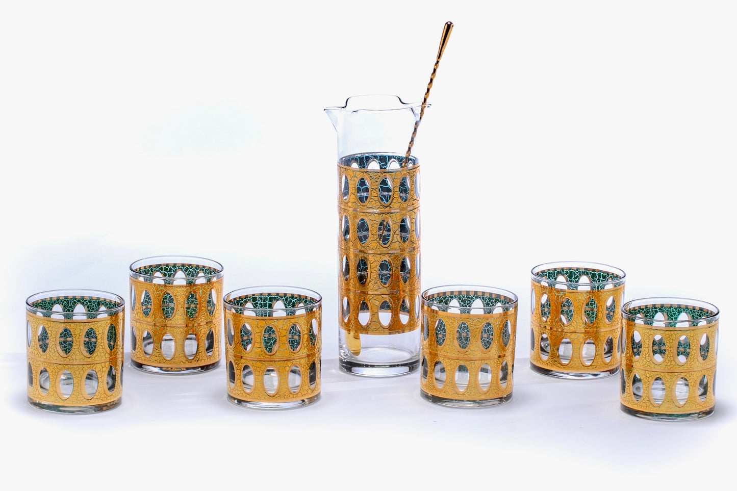 Mid Century Modern 22K Gold Cocktail Mixer and Set of 6 Rocks Glasses, c. 1965