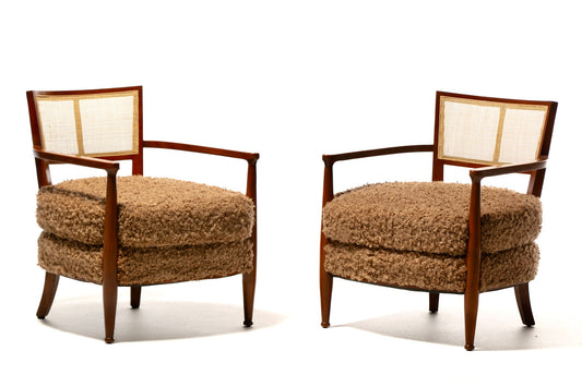 Mid Century Modern Edward Wormley Style Cane Back Lounge Chairs in Curly Camel