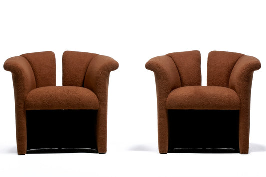 Milo Baughman Plunging Open Back Lounge Chairs in Chocolate Brown Bouclé c. 1980