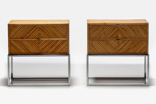 Milo Baughman Style Pencil Reed Bamboo & Chrome Night Stands c. 1970s