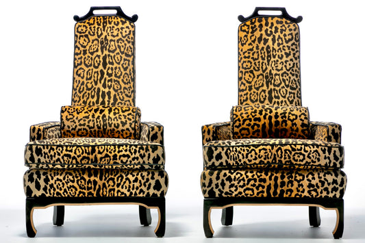 Pair of 1960s Hollywood Regency Chairs in Leopard Velvet & Black Leather Piping