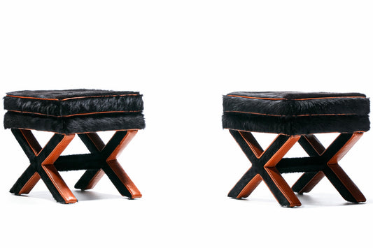 Pair of Billy Baldwin Style X Stools in Black Cowhide & Cognac Leather c. 1970s
