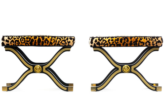 Pair of Dorothy Draper España X Stools / Benches in Leopard Velvet, circa 1955
