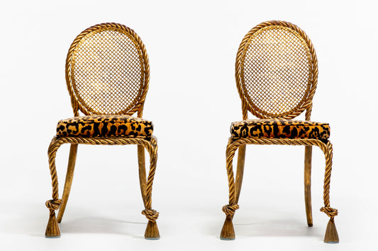Pair of Early 1940s Italian Gilt Rope and Tassel Iron Side Chairs by Niccolini