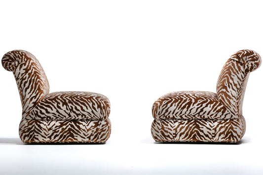 Pair of Large Donghia Slipper Chairs Newly Upholstered in Ivory Tiger Velvet