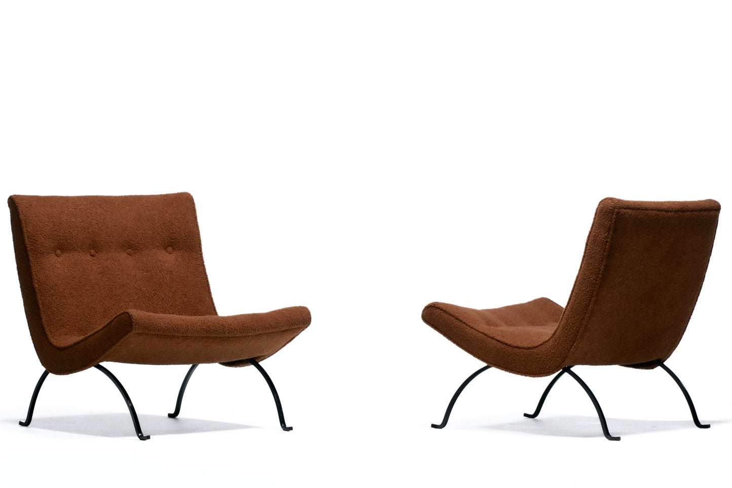 Pair of Milo Baughman Scoop Chairs in Chocolate Bouclé with Iron Legs c. 1950s