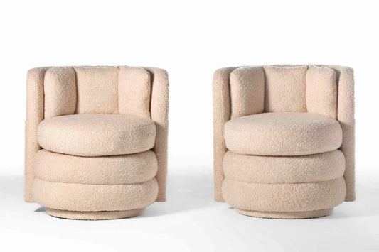 Pair of Post Modern Channeled Swivel Chairs in Blush Pink Bouclé