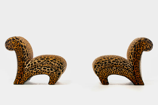 Sculptural Pair of Fully Restored Post Modern Slipper Chairs in Leopard Velvet