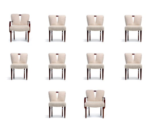 Set of 10 Paul Frankl Corset Back Dining Chairs in Ivory White Bouclé, c. 1950s