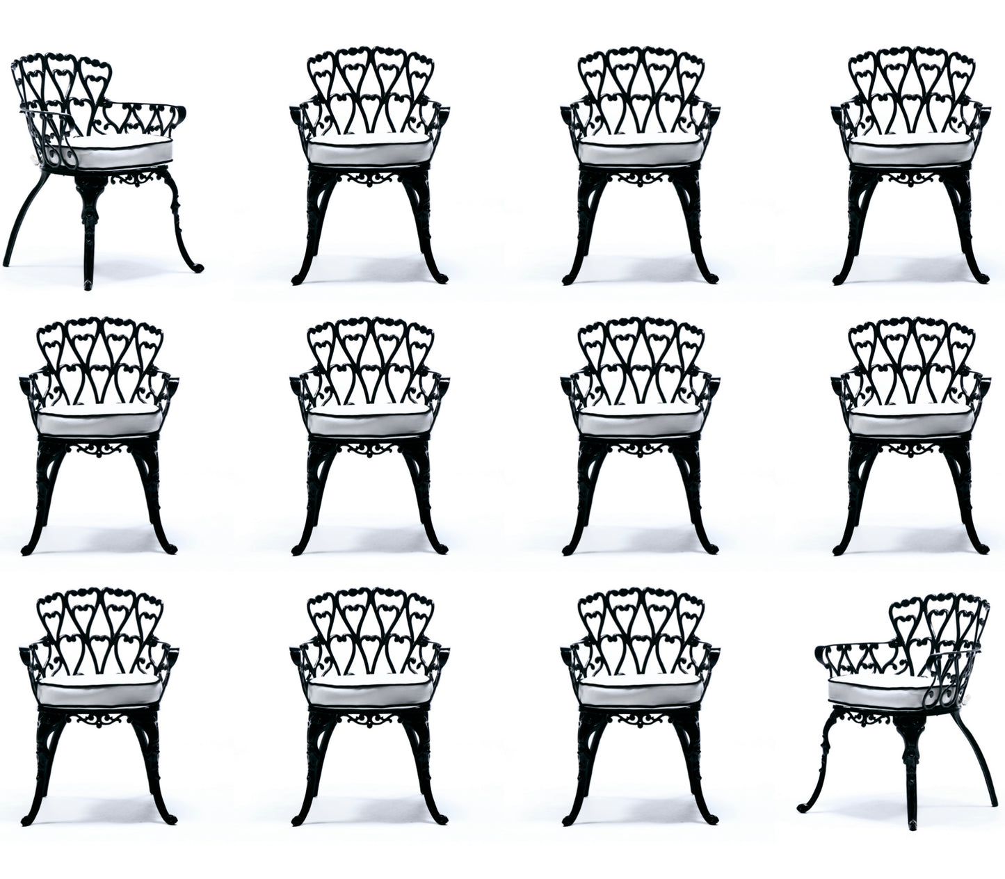 Set of 12 Hollywood Regency Neo Baroque Black Patio Dining Arm Chairs c. 1960
