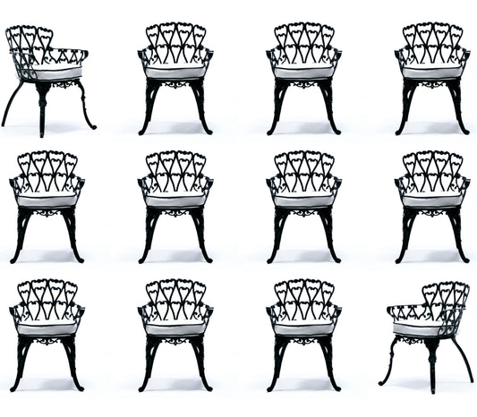 Set of 12 Hollywood Regency Neo Baroque Black Patio Dining Arm Chairs c. 1960