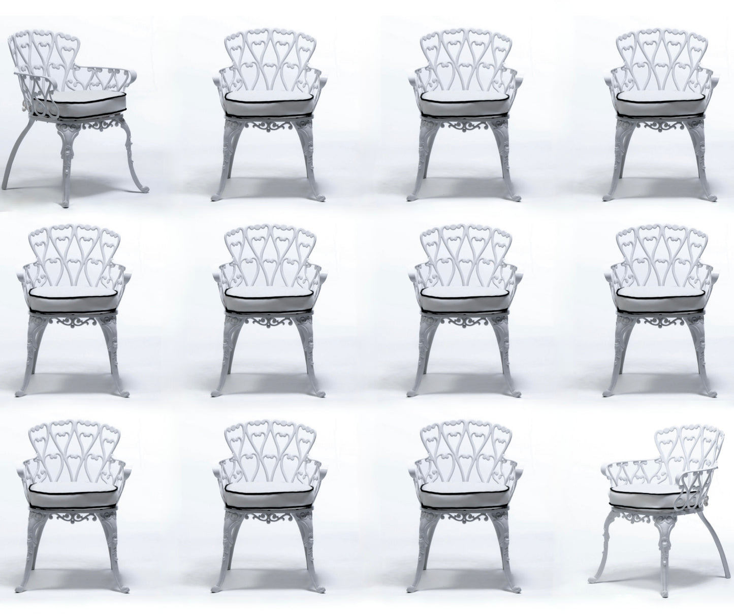Set of 12 Hollywood Regency Neo Baroque White Patio Dining Arm Chairs c. 1960