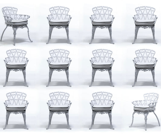 Set of 12 Hollywood Regency Neo Baroque White Patio Dining Arm Chairs c. 1960