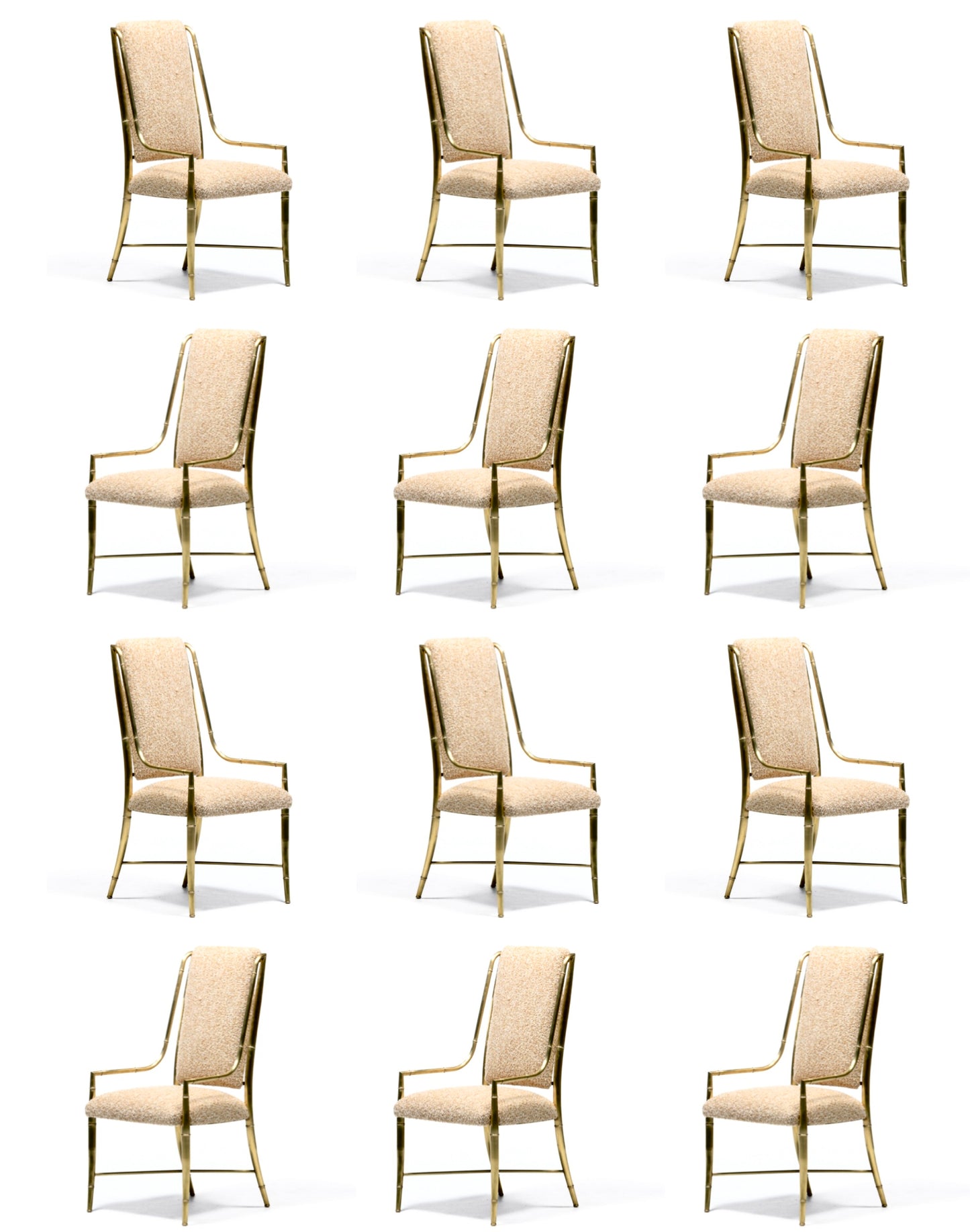 Set of 12 Mastercraft Brass Imperial Dining Chairs in New Ivory & Camel Bouclé