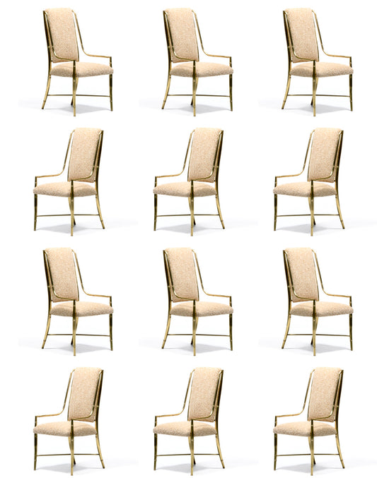 Set of 12 Mastercraft Brass Imperial Dining Chairs in New Ivory & Camel Bouclé