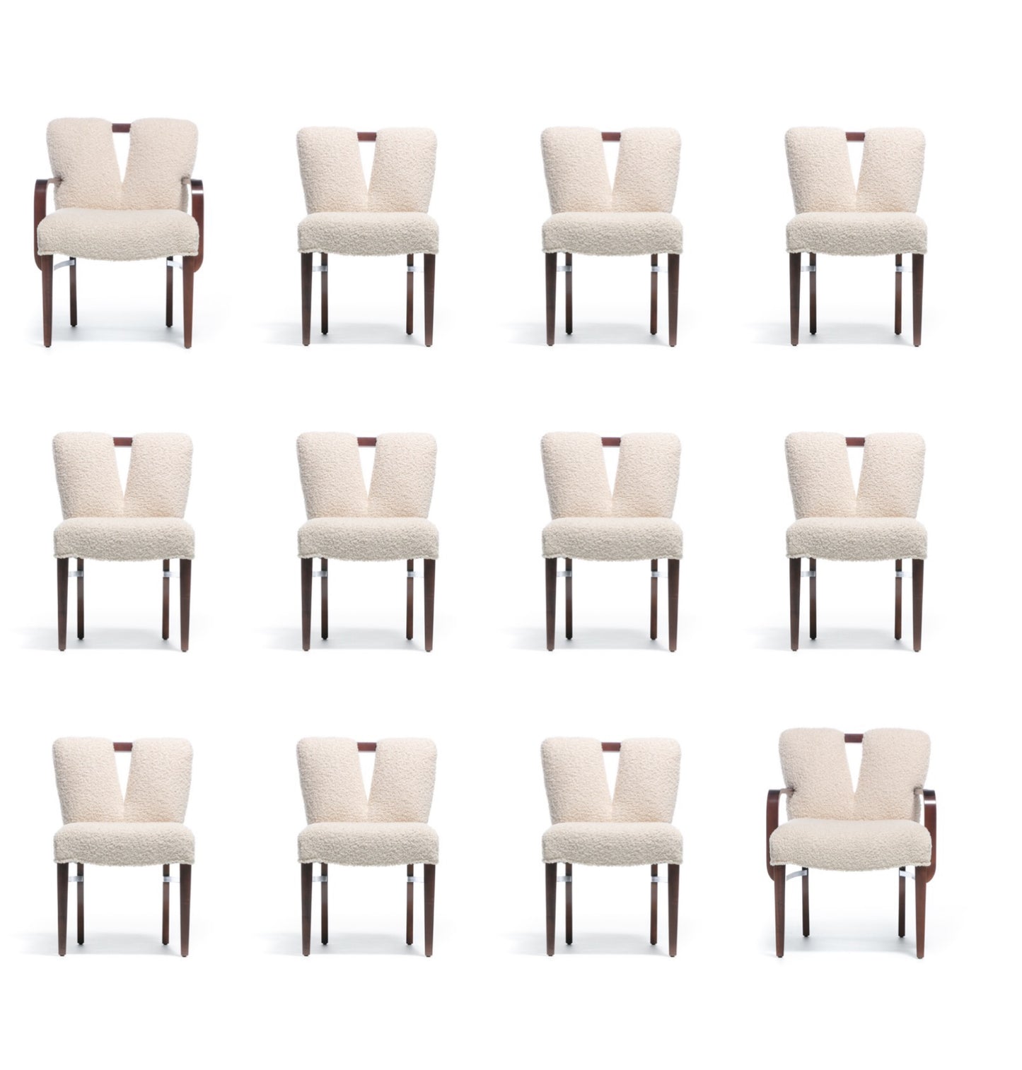 Set of 12 Paul Frankl Corset Back Dining Chairs in Ivory White Bouclé, c. 1950s