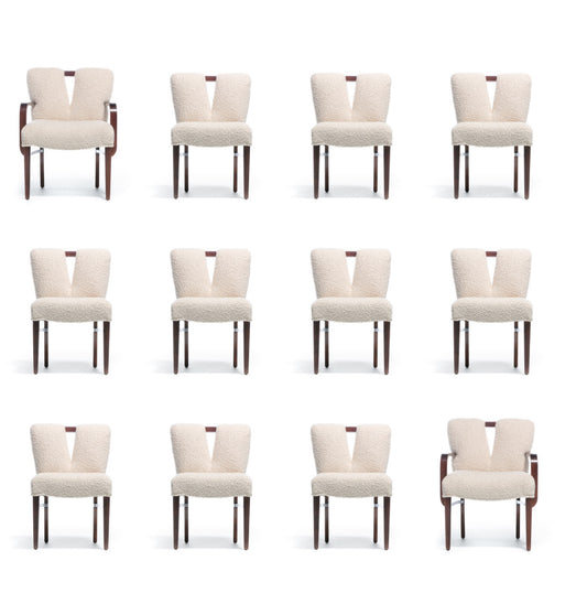 Set of 12 Paul Frankl Corset Back Dining Chairs in Ivory White Bouclé, c. 1950s
