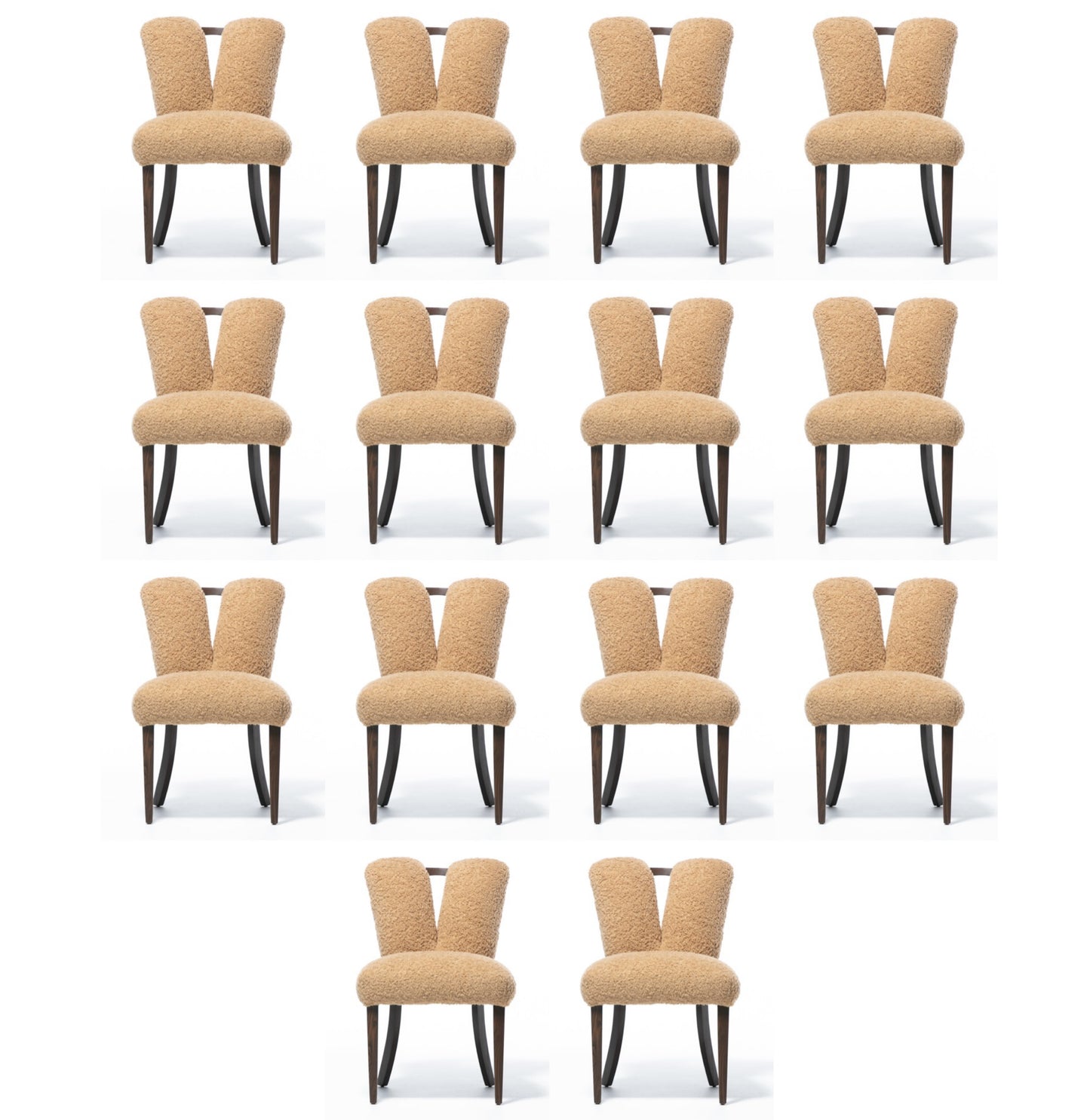 Set of 14 Paul Frankl Corset Oak Dining Chairs for Brown Saltman in Latte Bouclé