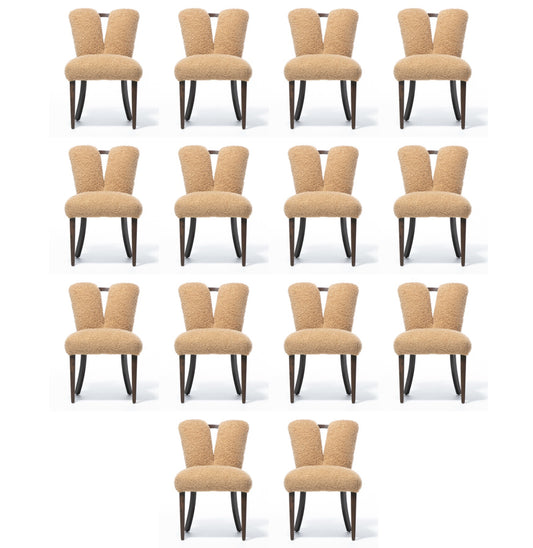 Set of 14 Paul Frankl Corset Oak Dining Chairs for Brown Saltman in Latte Bouclé