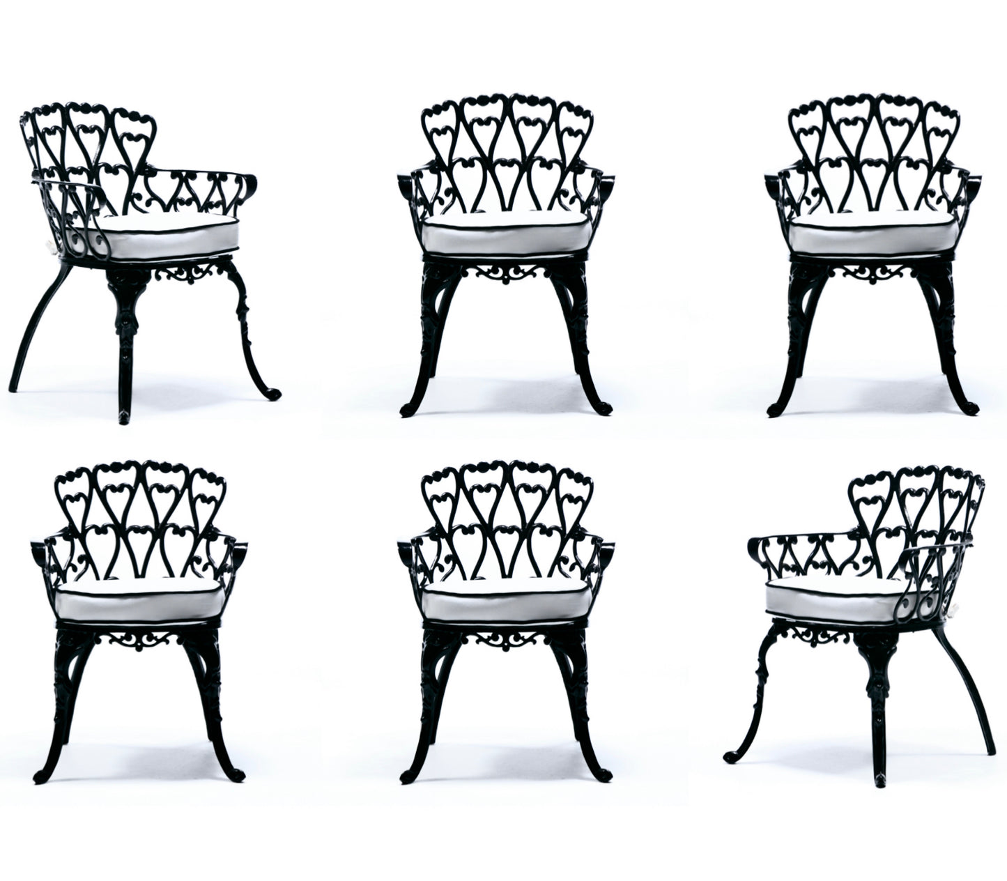 Set of 6 Hollywood Regency Neo Baroque Black Patio Dining Arm Chairs c. 1960
