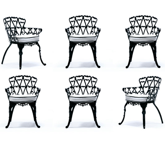 Set of 6 Hollywood Regency Neo Baroque Black Patio Dining Arm Chairs c. 1960